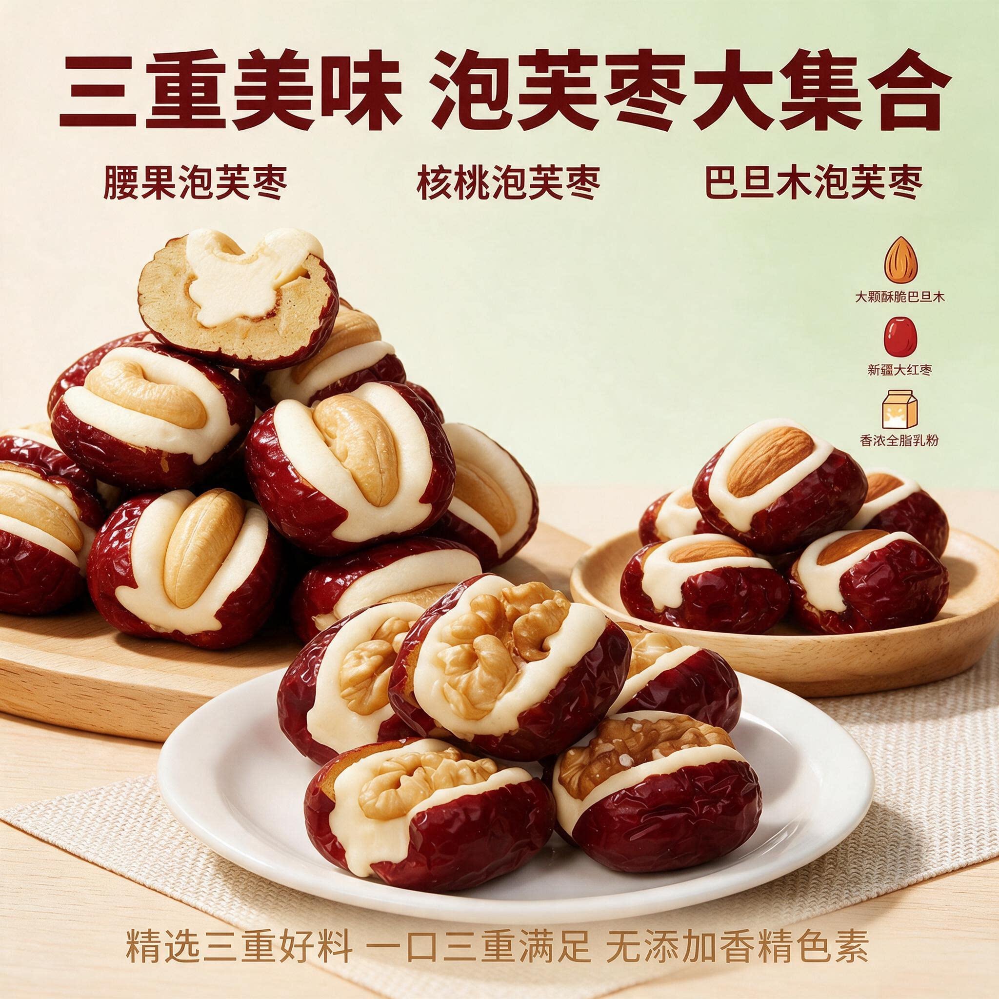 核桃泡芙枣奶芙红枣夹奶酪腰果巴旦木无核新疆特产喜糖坚果零食