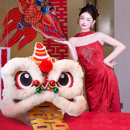 醒狮婚房布置长条喜狮子头摆件国潮舞狮婚礼喜字装饰新娘拍照背景