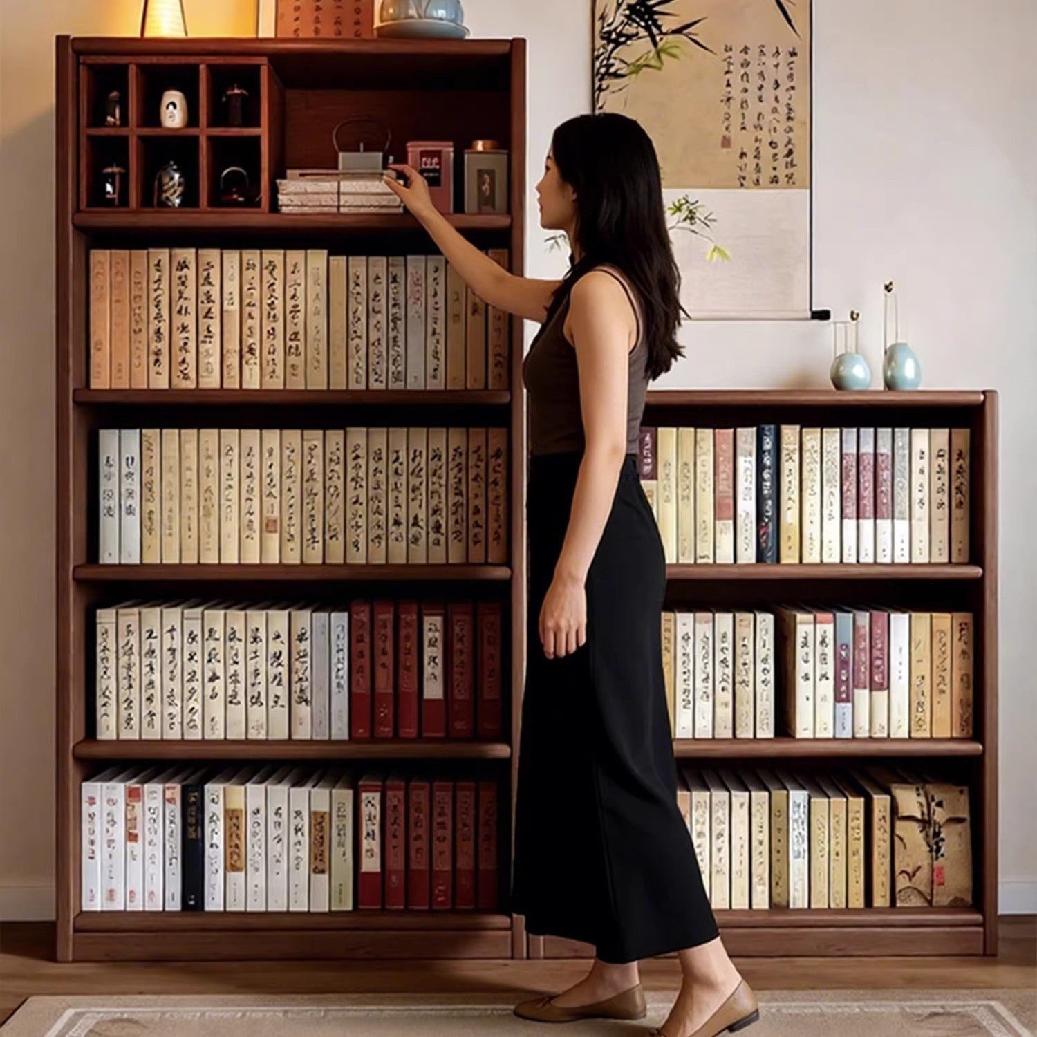 实木黑书柜储物柜一体靠墙格子柜客厅多层收纳展示柜落地置物书架,住宅家具,书架,淘宝优惠券,粉丝福利购,淘宝优惠卷