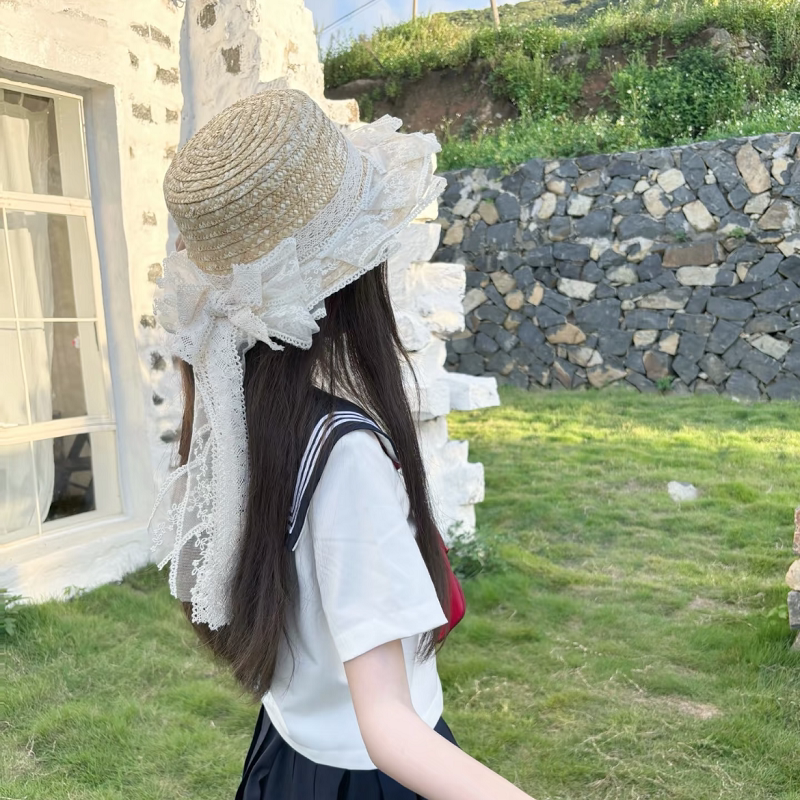 蝴蝶结草帽女夏季森系田园lo娘软妹手工日系doll蕾丝飘带草编帽子