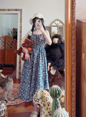 rom2森女田园风 藏蓝色印花 法式优雅复古宫廷风中长款雪纺连衣裙