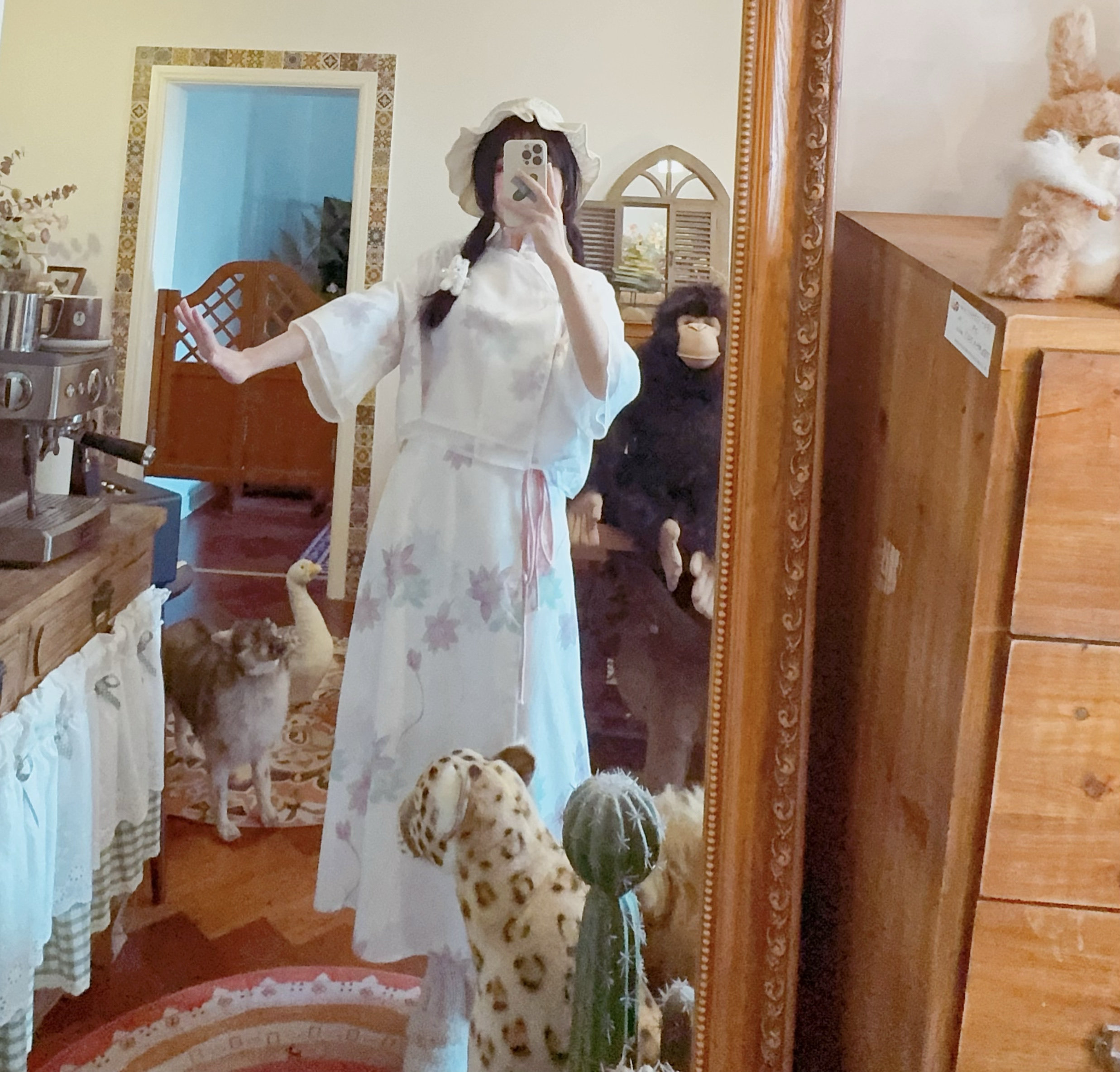 rom2高品质双层料 禅意风 古风印花 中式改良汉服 喇叭袖雪纺上衣