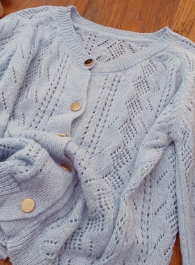 rom2奶fufu温柔蓝色 慵懒风 复古森女田园风 针织毛衣披肩开衫