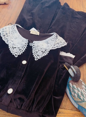 rom2微瑕 领子有晕染 法式黑色气质丝绒 长袖打底连衣裙