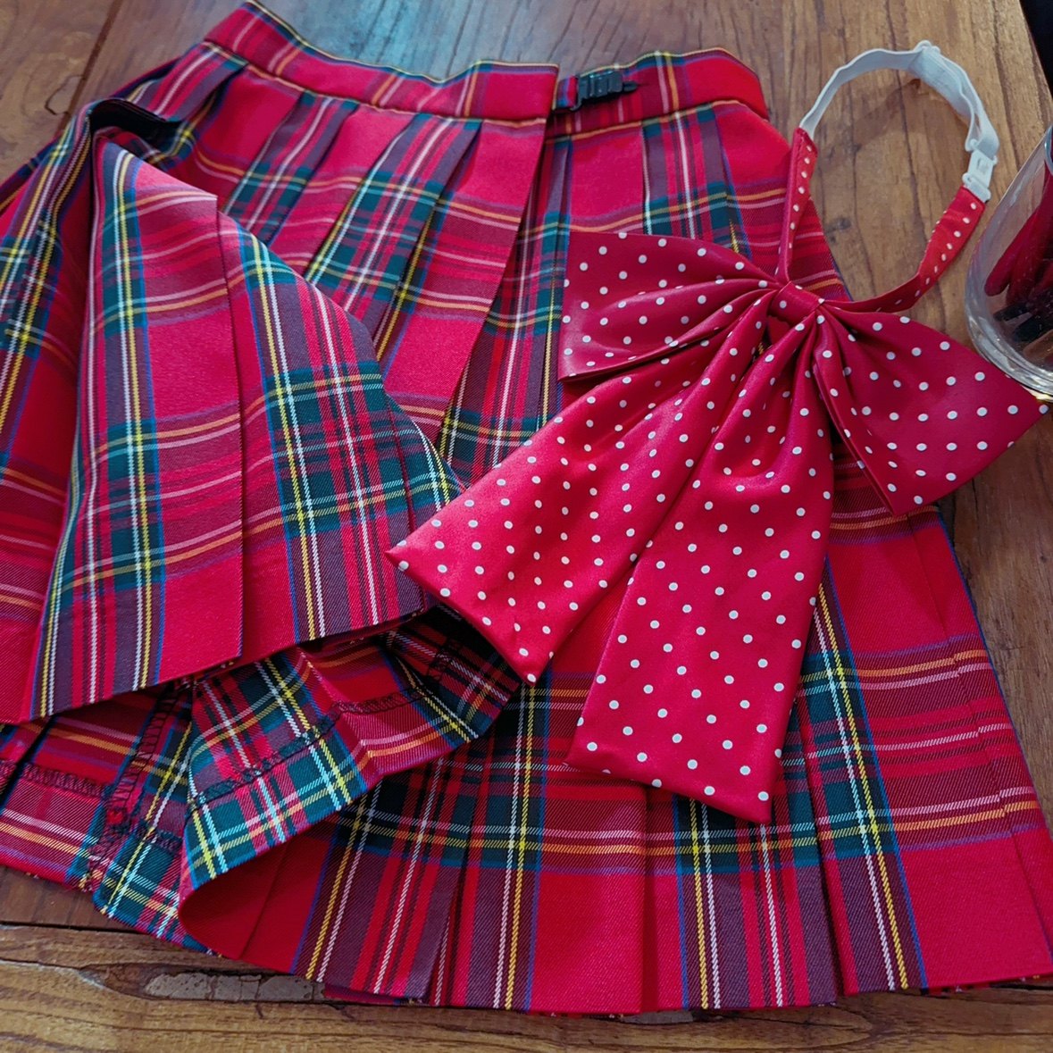 s码小码样裙 JK制服裙 日系学院风复古红色格子 风琴褶高腰半身裙