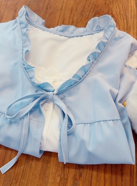 rom2日系温柔蓝色 甜美荷叶边 绑带蝴蝶结雪纺假两件背心小坎肩