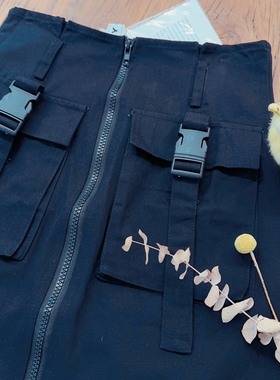 rom2双头拉链 甜辣风个性黑色 帅气工装风大口袋高腰显瘦半身短裙