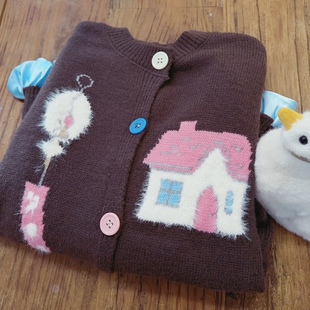 针织毛衣开衫 下摆荷叶边 小外套 可爱灰色学院风 rom2风铃和小狗