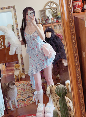 rom2肩带可调 多巴胺穿搭 蓝色格子 森女印花 不规则长款吊带上衣