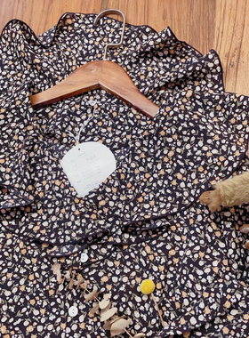 rom2内搭好物 踏青小碎花 复古黑色法式田园风荷叶边大翻领雪纺衫