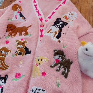 可爱针织毛衣开衫 刺绣提花小狗 外套 休闲慵懒风 rom2多巴胺粉色