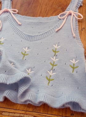 rom2外搭叠穿好物 多巴胺蓝色 可爱蝴蝶结刺绣 慵懒风毛线背心