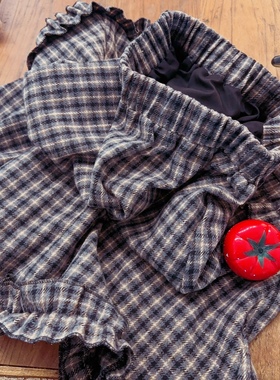 rom2日系森女 美拉德穿搭 复古黑色格子 松紧腰中长款毛呢半身裙