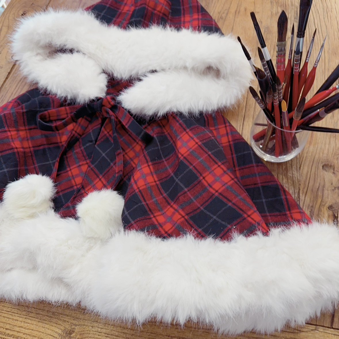 外搭好物 毛绒绒 可爱复古红格子 森女田园风 连帽斗篷短外套