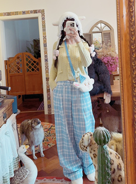 rom2慵懒风 有口袋 温柔多巴胺 蓝色格子 田园风森女休闲裤长裤