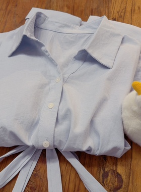 rom2腰部可抽绳收腰 日常好搭配 温柔蓝色北欧风法式长袖衬衫上衣