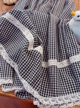 rom2森女田园风 复古黑色格子 甜美蕾丝花边 松紧腰中长款半身裙