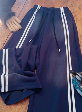 rom2高品质 渐变擦色 复古做旧藏蓝色 抽绳松紧腰学院风 休闲长裤