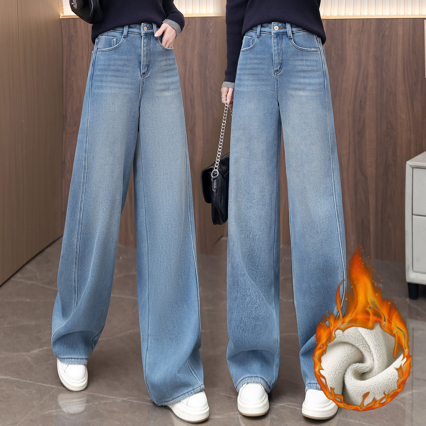 通勤加绒牛仔裤女冬季高腰宽松显瘦加厚保暖浅蓝阔腿直筒裤尝鲜价,女装/女士精品,牛仔裤,淘宝优惠券,粉丝福利购,淘宝优惠卷