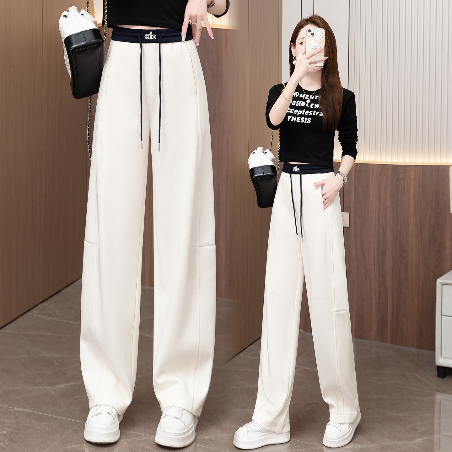 阔腿弯刀卫裤女春秋2026新款窄版香蕉裤休闲松紧高腰直筒运动裤子