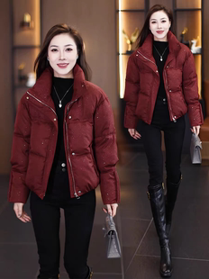 本命年红色量片短款羽绒服女2026新款小个子立领面包服短款外套