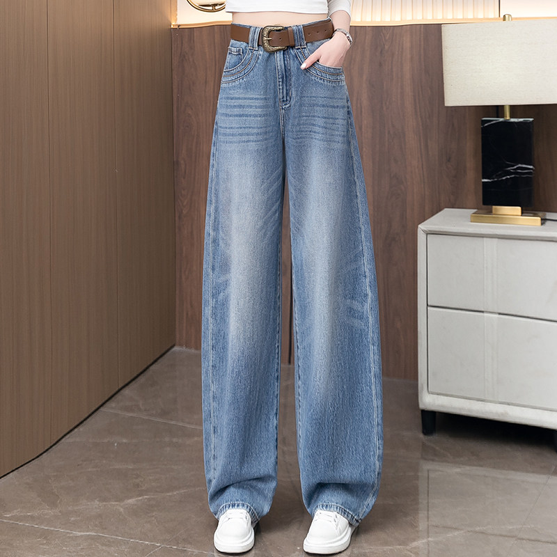 浅蓝色刺绣牛仔阔腿裤女2026春秋新款高腰宽松垂感梨型身材直筒裤