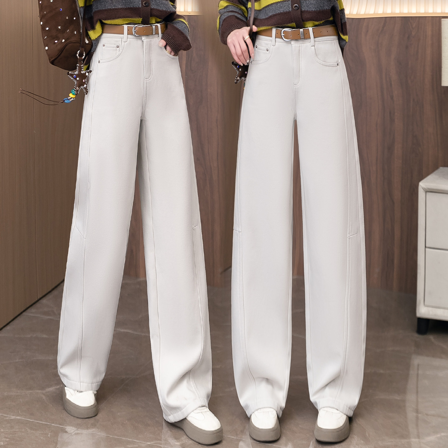 米白色弯刀牛仔裤女春秋2026新款高腰直筒裤巨好看的宽松阔腿长裤