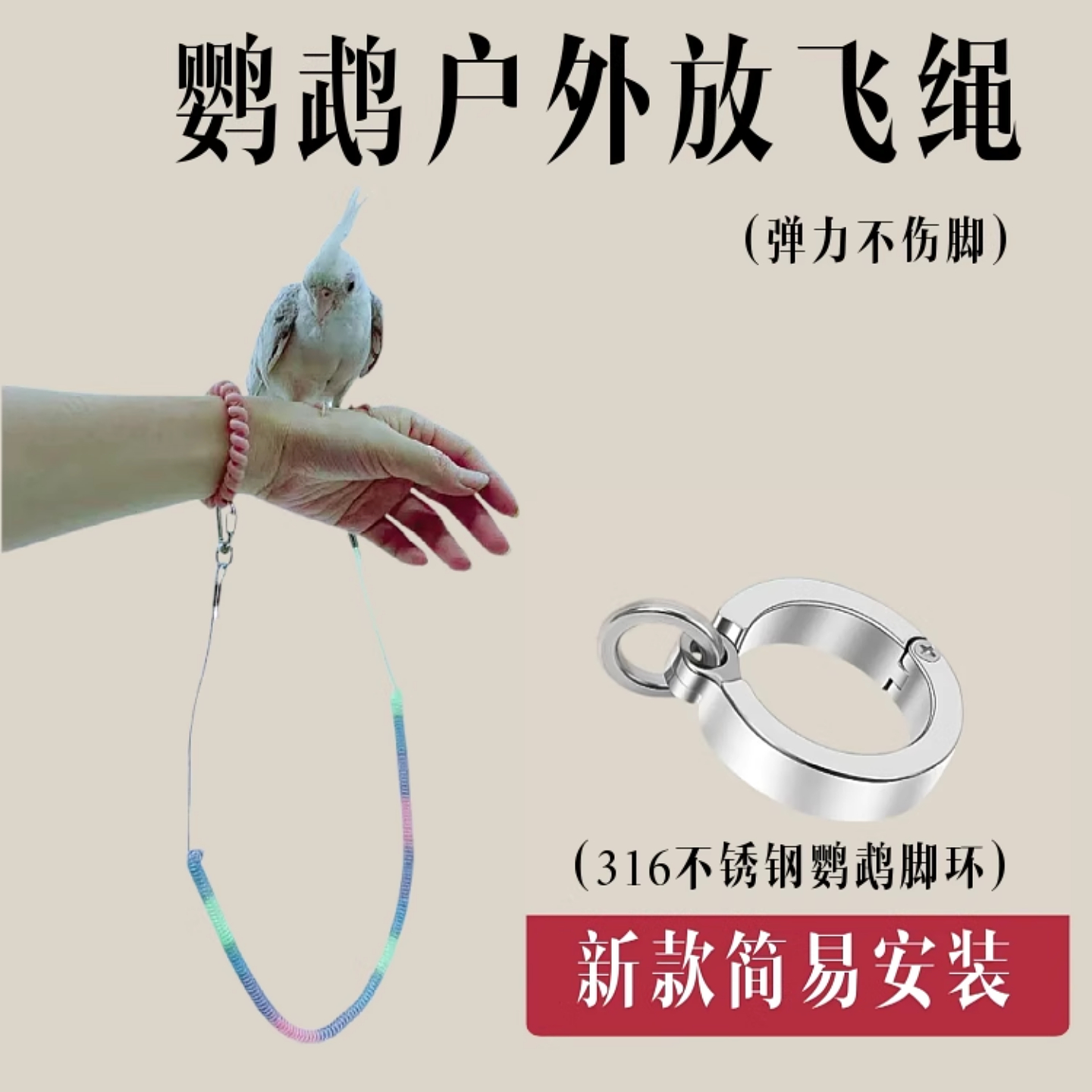 鹦鹉放飞绳新款鹦鹉316不锈钢脚环鸟环弹力安全绳虎皮牡丹玄凤绳