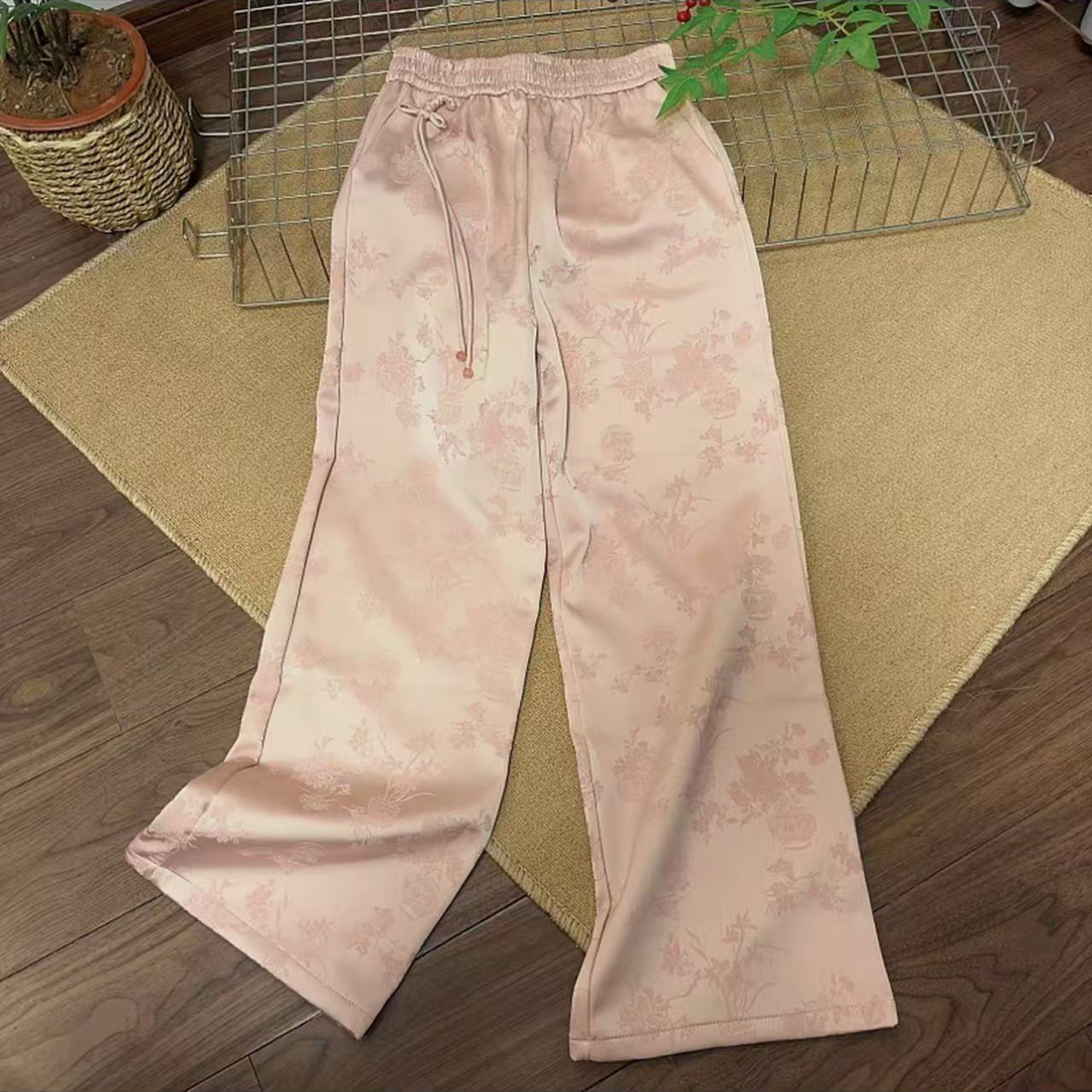 新中式穿搭缎面一体加绒休闲长裤