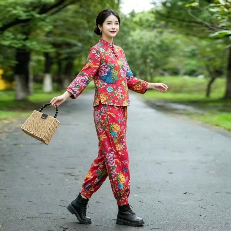 秋冬保暖东北大花套装女式民族风棉麻加绒加厚一体绒过冬两件套装