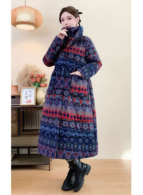 民族风大立领中长款加厚棉服女