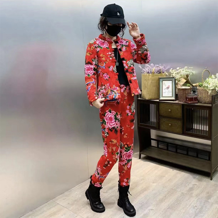 秋冬东北民族风棉服套装女舞蹈服大花布两件装打鼓服二人转秧歌服