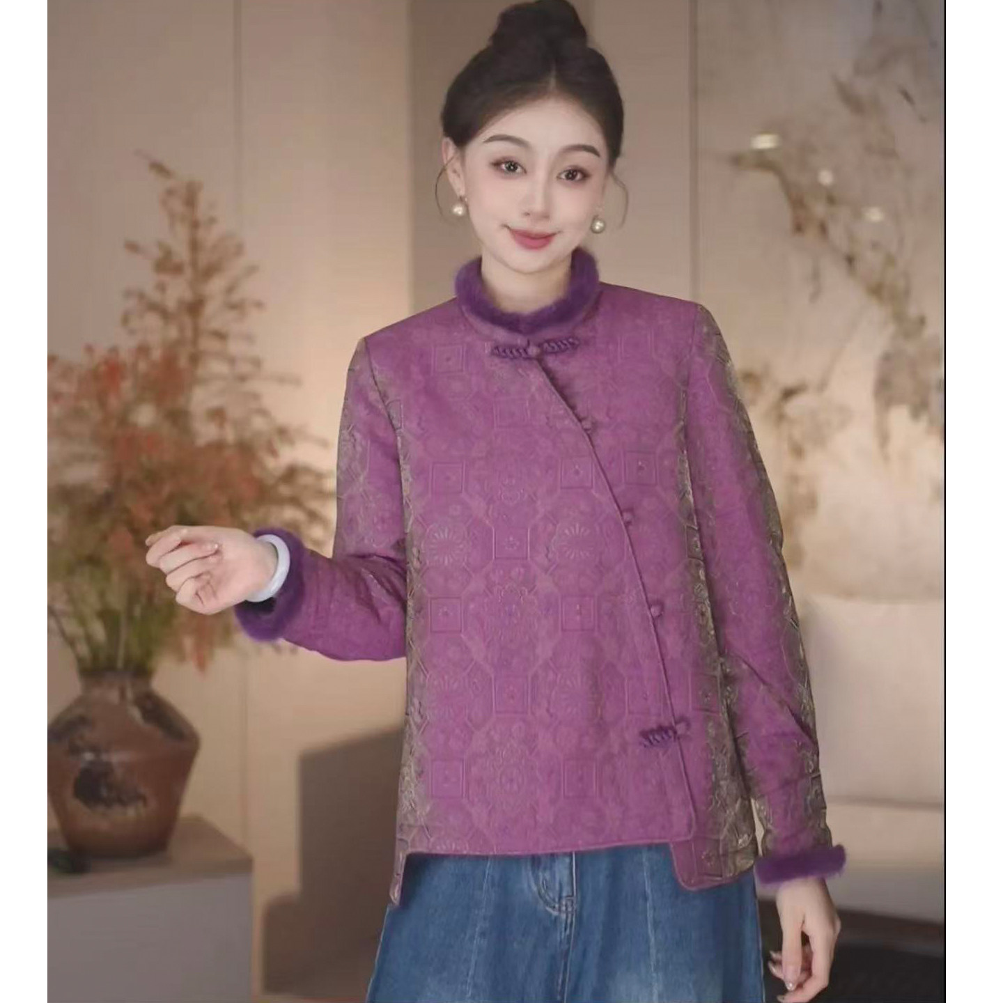 《紫梦》国风斜襟盘扣毛边棉上衣
