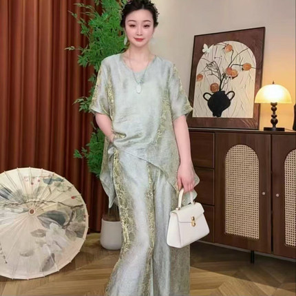 新中式改良织锦套头短袖阔腿裤两件套装女士清冷风不规则宽松套装
