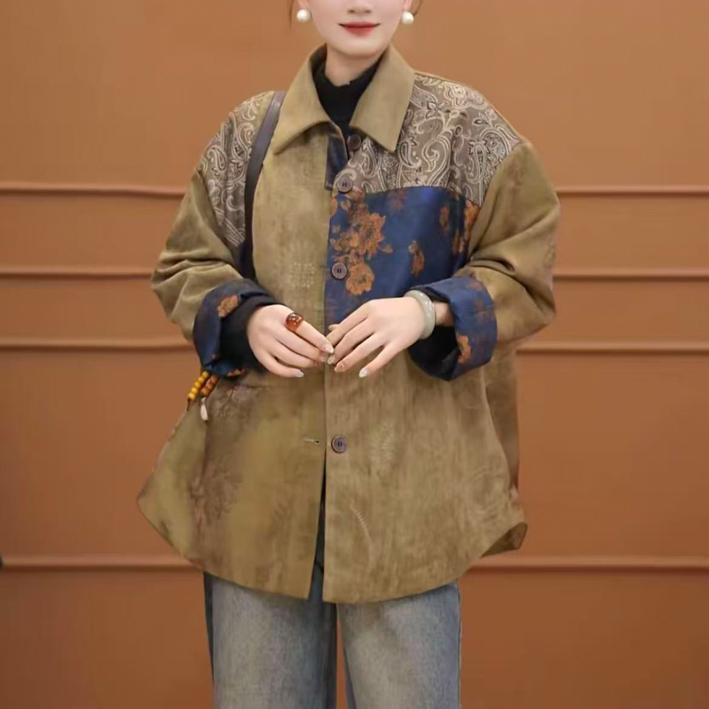 新中式重工鹿皮绒秋冬加棉衬衫女宽松复古拼接花色气质衬衣棉外套