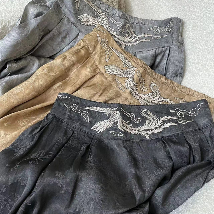 中式高腰垂感刺绣9分阔腿裤