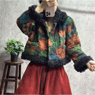 秋冬民族风花棉服女复古羊毛卷翻领小个子文艺保暖短款棉袄外套