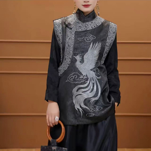 春季新中式国风立领无袖斜襟马甲凤凰刺绣龟裂纹中长款上衣外套女