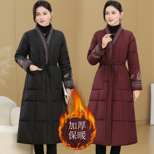 冬季新款民族风时尚中长棉服女士V领刺绣抽绳收腰显瘦风衣棉外套