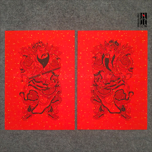 梁公馆®木版年画红底传统门神传统年画马上鞭秦琼敬德财神红宣