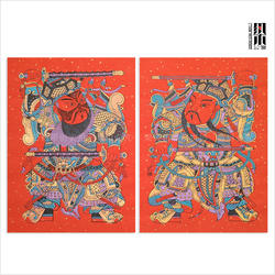 正宗手工拓印武强年画秦琼敬德洒金红底宣纸传统武门神老年画对联