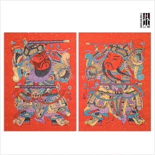 正宗手工拓印武强年画秦琼敬德洒金红底宣纸传统武门神老年画对联