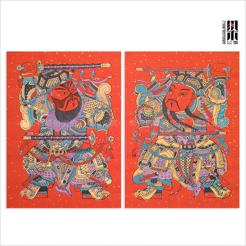 梁公馆武强年画洒金红宣手工门神