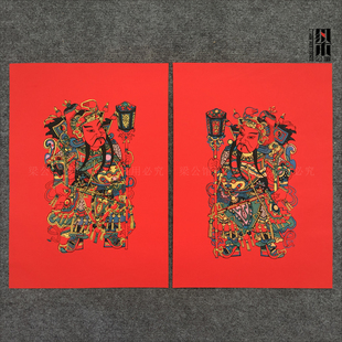 正宗手工拓印武强年画郁垒神荼秦琼敬德红底宣纸传统武门神老年画