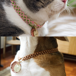 手工编织透气水洗柔软宠物项圈狗狗猫猫黄铜皮轻便深度刻防丢字牌