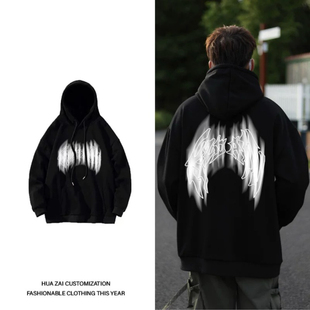 原创设计渲染羽翼印花重磅连帽卫衣男女秋冬美式潮牌宽松休闲外套