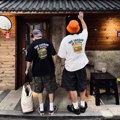 Broshood 26SS 日系宽松创意趣味汉堡包印花男女情侣复古短袖T恤