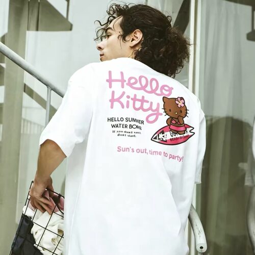 Hello Kitty黑皮凯蒂猫联名gotcha新款男女情侣美式复古短袖T恤