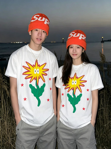 BurningDreamers趣味太阳花印花美式复古街头宽松情侣装短袖T恤