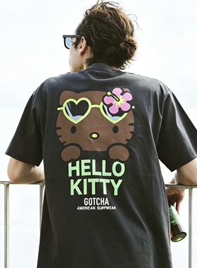 Hello Kitty黑皮凯蒂猫联名gotcha新款男女情侣美式复古短袖T恤